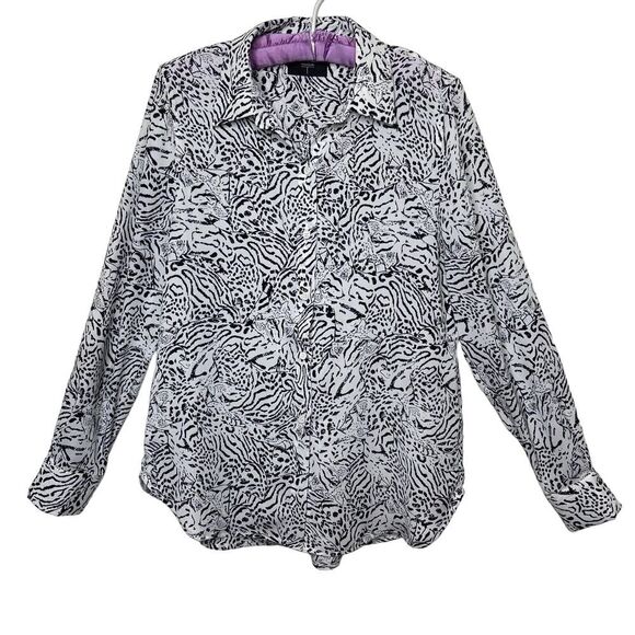 T Tahari Button Down Blouse White Black Animal Tiger Print Size Small - Picture 1 of 10